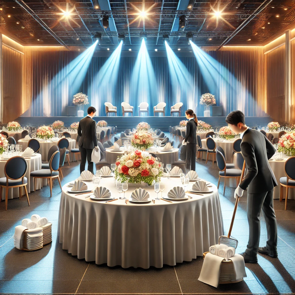 A realistic and professional image of an elegant corporate event being maintained by staff in formal uniforms, showcasing activities such as table set