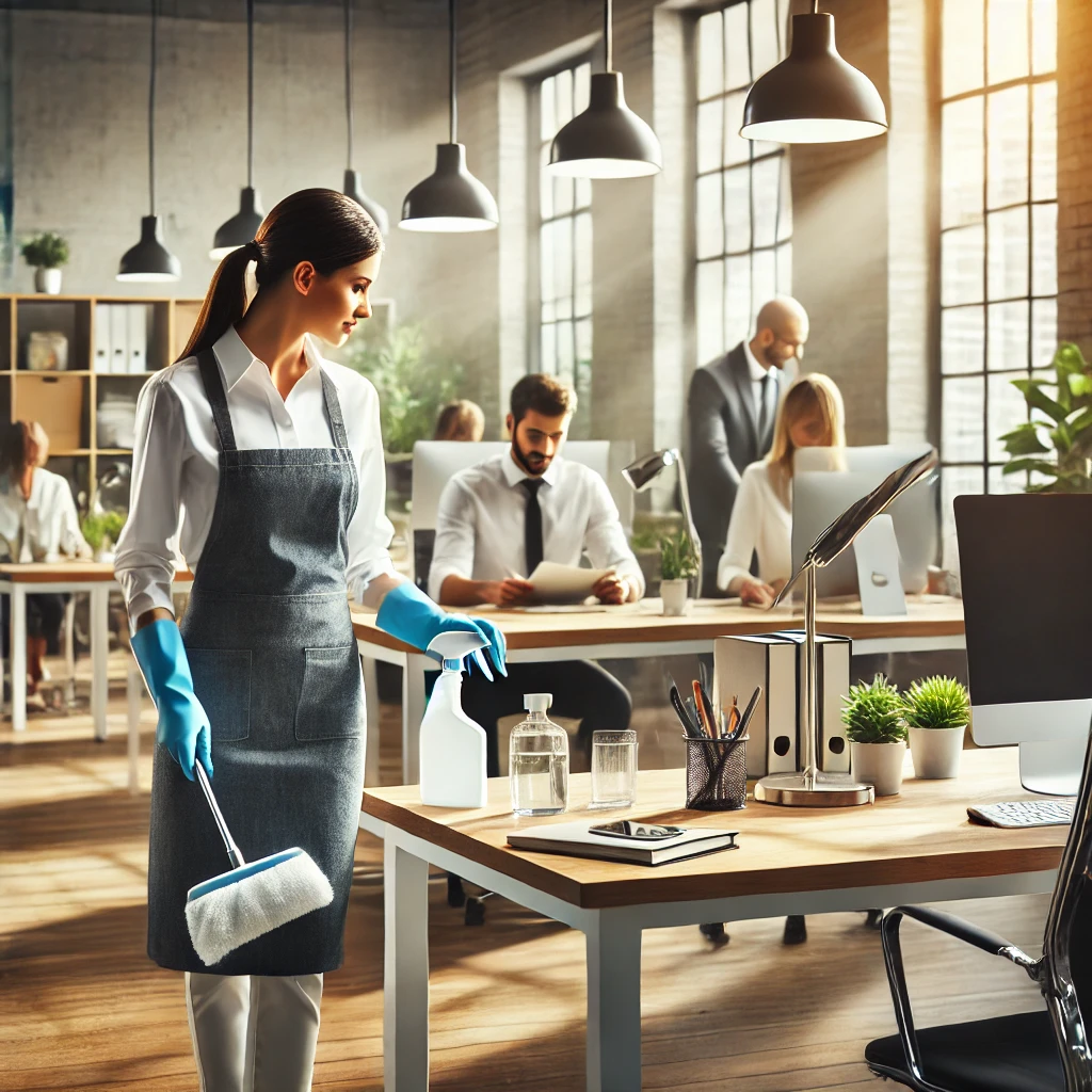 A clean and modern office environment with a professional cleaner in uniform tidying a desk, while employees work productively in the background.