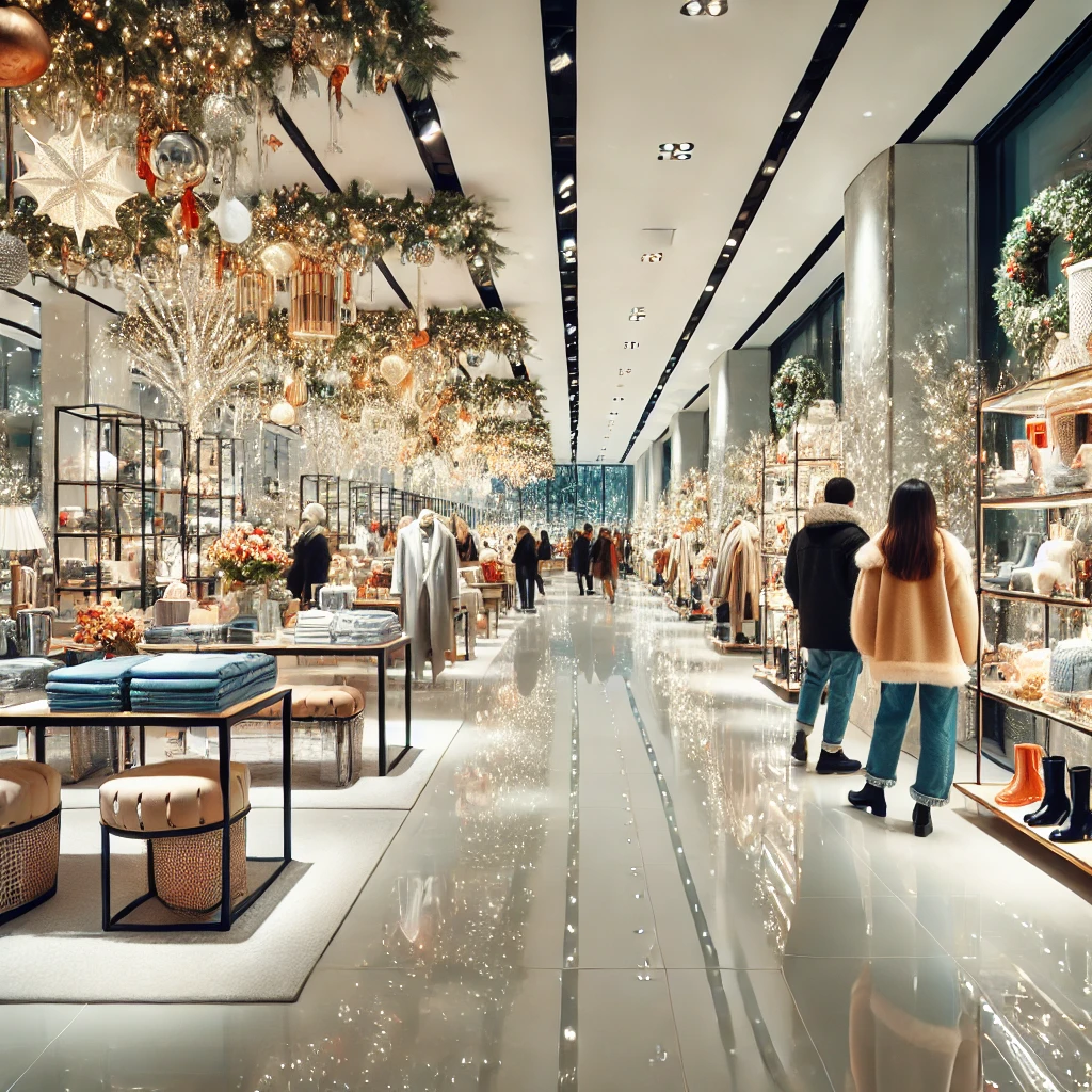a polished, festive, and professional retail store during the holiday season