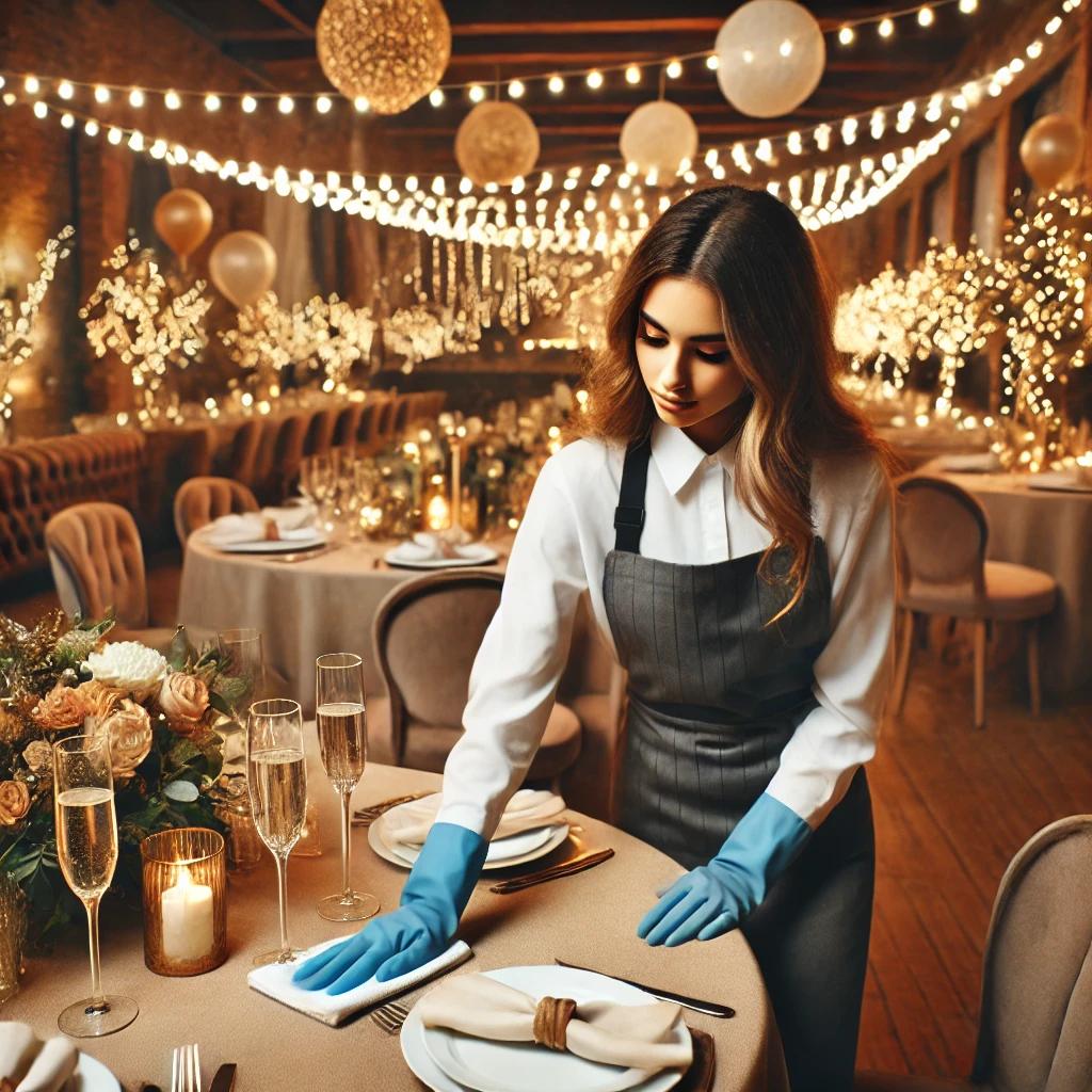 cleaning staff member tidying tables at a festive New Year's Eve event venue