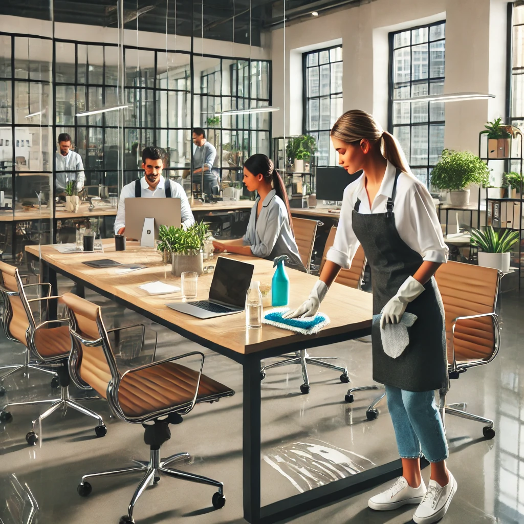 A clean and modern office environment with a bright and inviting atmosphere, symbolizing a healthier workplace for the new year. A group of employees
