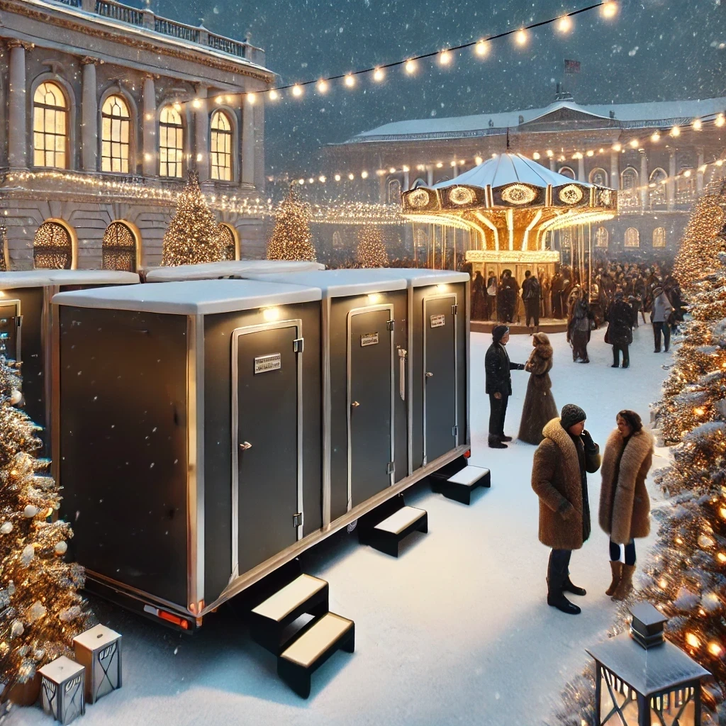 A winter event scene featuring high-quality portable restroom trailers